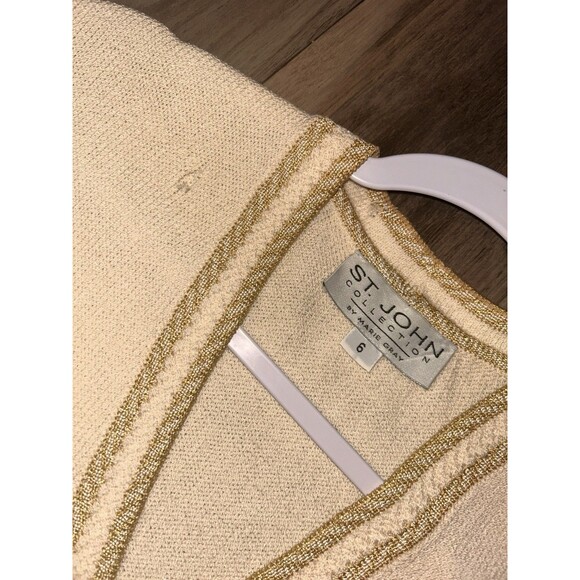 St. John Santana Knit Cream W/Gold Trim, Button Up Cardigan 6 - Picture 3 of 4